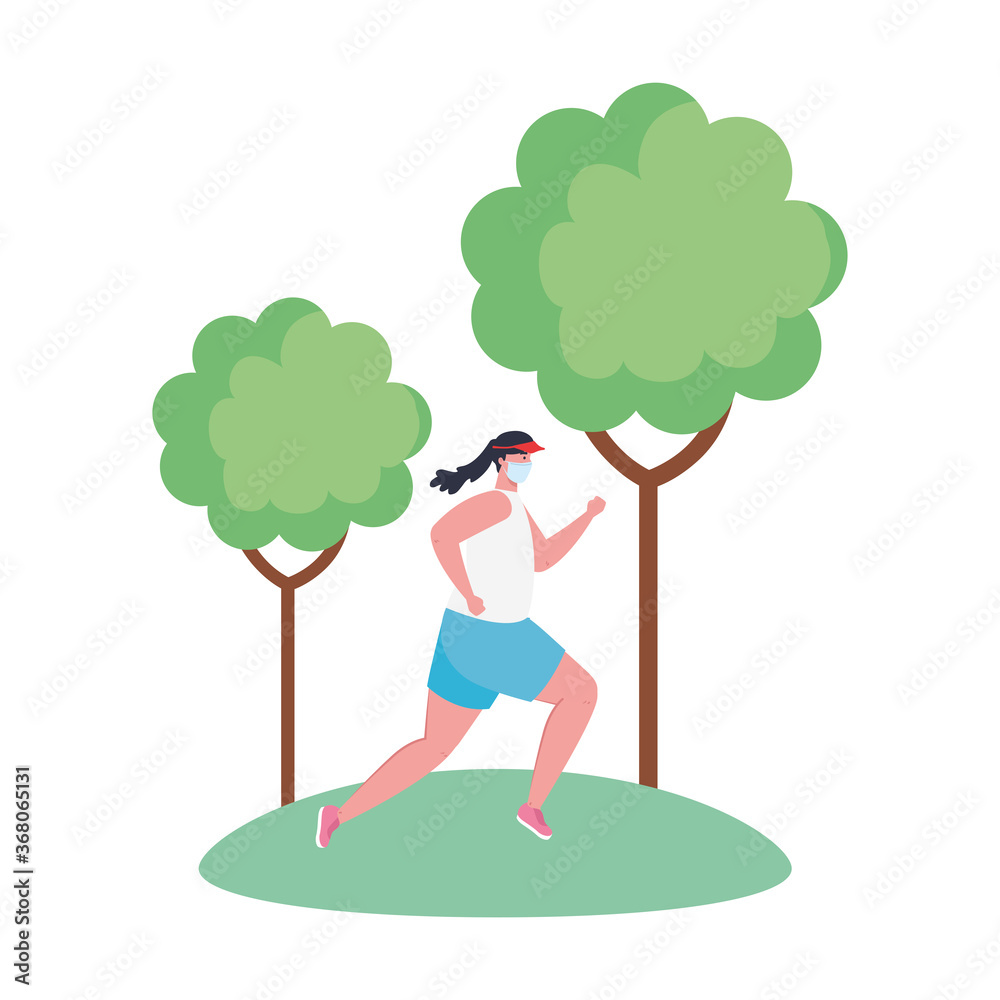 Canvas Prints woman running wearing medical mask on outdoor, prevention coronavirus covid 19, on white background 