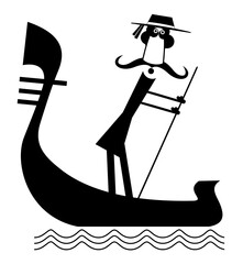 Funny gondolier with long mustaches rides on gondola black on white illustration  © bigmen