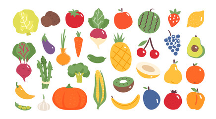 Fruits and vegetables. Flat style. Food isolated. 