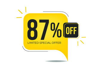 87% off limited special offer. Banner with eighty-seven percent discount on a yellow square balloon.