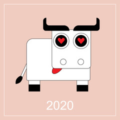 Cute white bull in love in flat style