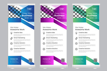 Business Rollup banner design with simple shapes for minimalistic company promotion, business presentation, stand template design, 3 color variation banner, Creative layout, advertisement, pull up