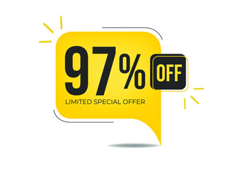 97% off limited special offer. Banner with ninety-seven percent discount on a yellow square balloon.