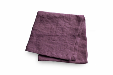 One single purple violet linen organic raw cotton serving napkin or kitchen square form folded. Rough texturized cloth fabric laying isolated on white background. Table setting tissue top view
