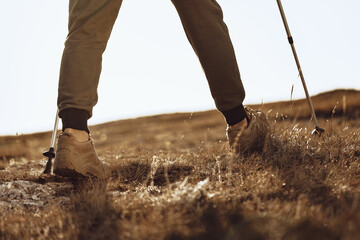 Man traveler with trekking sticks going up the mountain