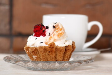 Tart with Jam, Whipped Cream, Fruits and Coffee Cup