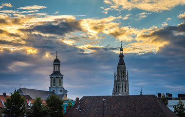 Skyline of Breda, North Brabant, The Netherlands, with dominant Grote Kerk (Big Church) 