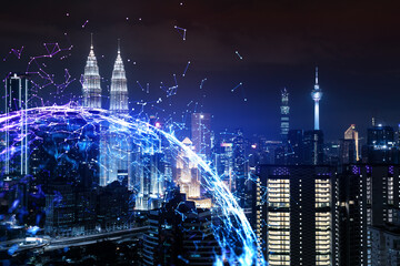 Obraz na płótnie Canvas Abstract technology icons, night aerial panoramic cityscape of Kuala Lumpur, Malaysia, Asia. The concept of innovative approach to optimize international business process. Double exposure.