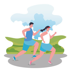 couple running outdoor, woman and man in sportswear jogging in the park vector illustration design