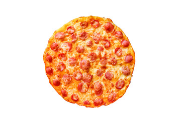 pizza salami sausages cheese classic recipe sauce fast food Takeaway serving size. food background top view copy space 