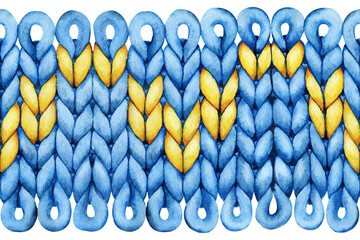 Seamless pattern knitted thread loops. Knitting and crocheting. Hand drawn watercolor illustration for design of wallpaper, packaging, wrapper, cover, fabric, background.