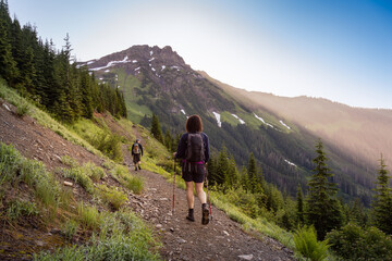 Obraz premium Adventurous Girl Hiking in the Canadian Mountains during a sunny summer morning. Taken on the Trail to Cheam Peak in Chilliwack, East of Vancouver, British Columbia, Canada.