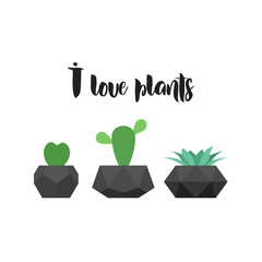 I love plants. Vector graphic for t-shirt print. Succulent and cactus plants in pots
