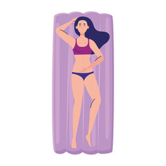 Obraz na płótnie Canvas woman in lying down on inflatable float with swimsuit, summer vacation season vector illustration design