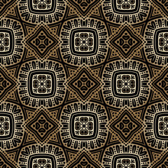 Ethnic floral seamless pattern. Vector ornamental tribal background.  Ornate decorative repeat backdrop. Golden ornament with abstract shapes, flowers, circles, lines. Design for fabric, wallpapers