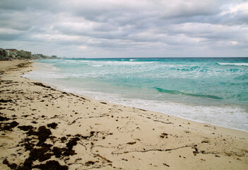 Tropical beach in a cloud day. View of the white sand shore, sargassum gulfweed, turquoise color ocean, sea waves and coastline in Cancun, Mexico. 