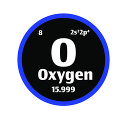 Oxygen (O) button on black and white circle button background with blue outline on the periodic table of elements with atomic number or a chemistry science concept or experiment.	