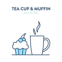 Coffee cup and muffin icon. Vector illustration of a cup with hot drink and a cupcake. Tea or coffee in a mug and muffin with cream and cherry on top
