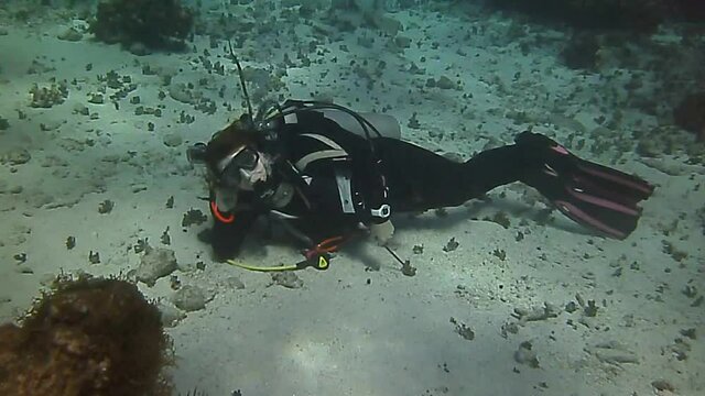 woman divet is resting on the sand in anticipation of a school of fish