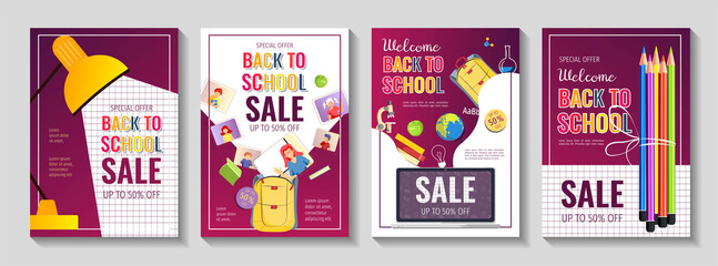 Back to school promo sale flyer set with school supplies. Education, E-learning, Kids classes, Stationery store concept. A4 vector illustration for poster, banner, discount, special offer.