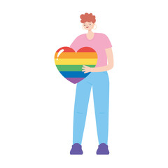 lgbtq community pride, young man with rainbow heart character isolated icon design