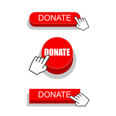 Set of cursor click to the red donate button. Vector illustration isolated on white background.	
