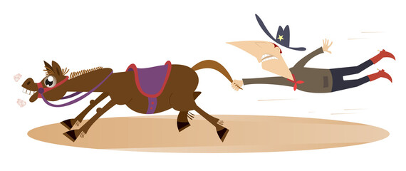 Cartoon rodeo illustration. Man or cowboy catches a running horse by horsetail
