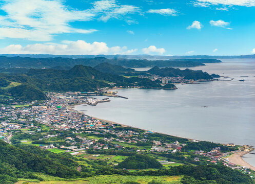 Panoramic vantage point overlooking the coasts and beaches of the Awa district of Kyonan city at foot of Mount Nokogiri  in the Boso peninsula in front of Uraga Channel.