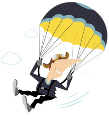 Cartoon skydiver isolated illustration. Comic skydiver derives enjoyment from jumping isolated on white