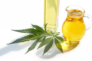 seeds hemp on the table, oil in a glass jar, cannabis leaves isolated on white background