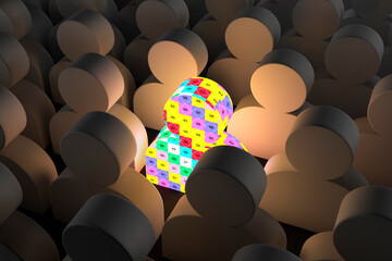 3d Concept, Crowd Of People Icons, Only One Is Textured With Squares