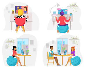 Obraz premium Home working people set. Woman and couple characters concepts.