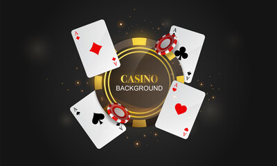 Casino background with roulette wheel, cards showing aces and tokens over a dark background with copyspace, colored vector illustration