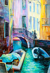 Fototapeta na wymiar Venetian river canals with bright colored buildings and modern boats under the evening romantic lighting, Italy. Oil painting on canvas.