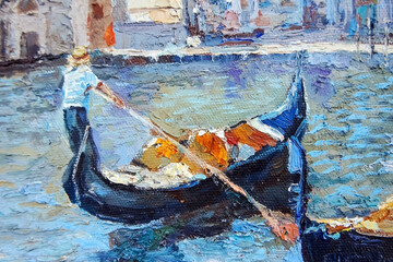 Floating gondola on the Venetian canal, in the background the old buildings and the cathedral. Oil painting © Mariia