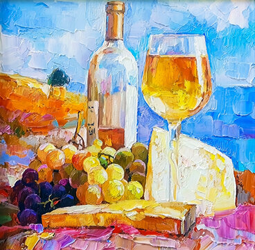 Still life with a bottle of wine, glass, vine of grapes and cheese on the backdrop of an autumn Mediterranean landscape. Created in saturated vibrant colors. Oil painting on canvas.