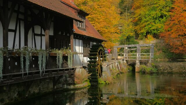Water Mill at Blautopf Spring, Blaubeuren, Swabian Alb, Baden-Wurttemberg, Germany