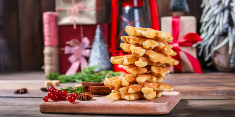 waffles sweet dessert christmas new year baking Menu serving size. food background top view copy space for text healthy eating