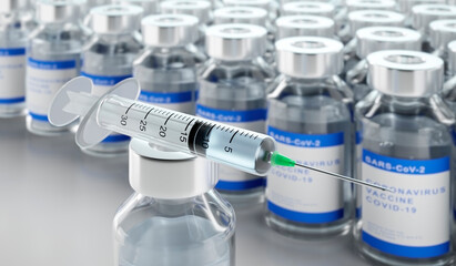 Lots of bottles of vaccine and one syringe - 3D illustration