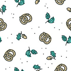 Pattern with beer hop, bavarian pretzel and acorn