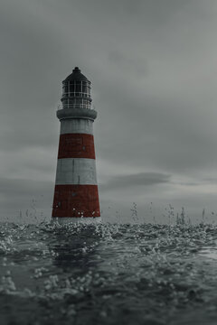 3d rendering of empty lighthouse surrounded from troubled sea