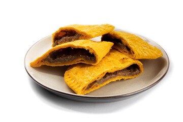 cut up Jamaican ground meat patties on a plate isolated on white