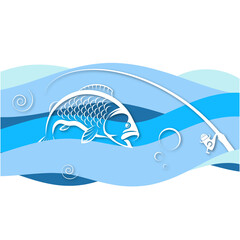 Obraz premium Fish on blue wave and rod design for fishing