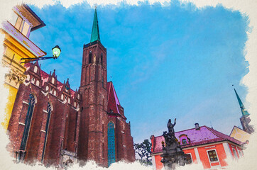 Obraz premium Watercolor drawing of Monument and street light on square and Collegiate catholic Church of Holy Cross with spire in old historical city centre Ostrow Tumski, evening view, Wroclaw, Poland
