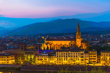 Fototapeta na wymiar Watercolor drawing of Top aerial evening view of Florence city with Basilica di Santa Croce, city buildings lights and hills at night dusk twilight, Tuscany, Italy