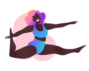 Plus size black curvy lady doing yoga class. Vector illustration isolated on white. Online home workout concept. Body positive. Attractive African American woman. Split, Monkey Pose or Hanumanasana.