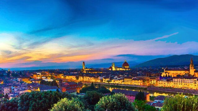 Watercolor drawing of Top aerial panoramic evening view of Florence city with Duomo Santa Maria del Fiore cathedral, Arno river and Palazzo Vecchio palace at night dusk city lights, Tuscany, Italy