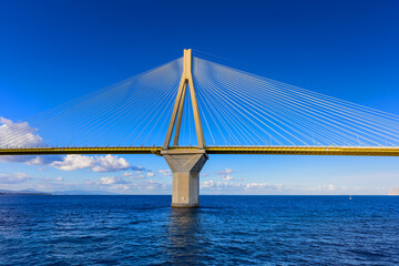 The Rion-Antirion Bridge connects the Peloponnese Peninsula with mainland Greece, this Cable-stayed road bridge with pedestrian sidewalks over the Gulf of Corinth, Greece