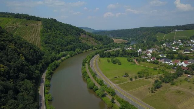 Excursion ship on the Saar River at Serrig, Rhineland-Palatinate, Germany