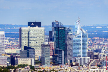 Aerial view of La Defense business district skyscrapers. Day shot from Tour Montparnasse observation desk - Paris, France.